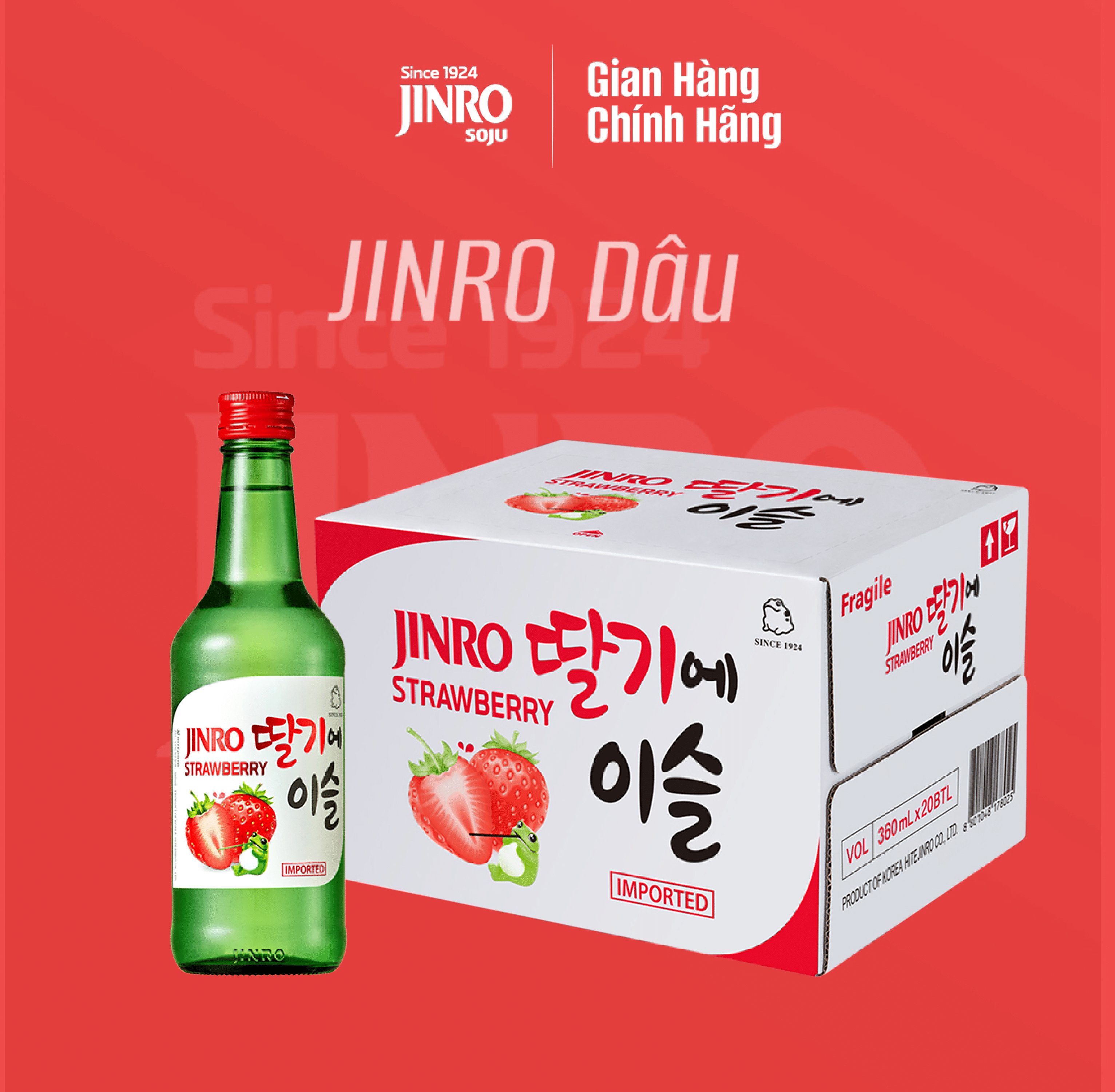 Soju Hàn Quốc JINRO VỊ DÂU 360ml - Thùng 20 chai