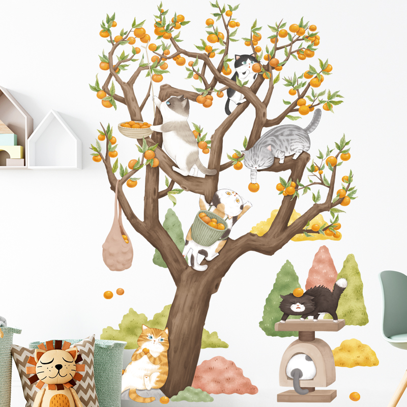 Sticker Giấy Dán Tường Decal Dán tường Tranh Dán Tường Trang Trí Tường Mẫu Gia Đình Mèo Thu Hoach Cam ZH-1016