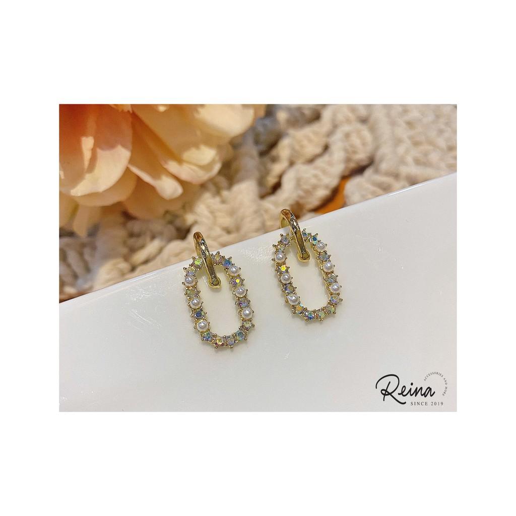 Khuyên tai nữ phong cách Hàn Quốc lưới kim bạc S925 Reina đính hạt cao cấp