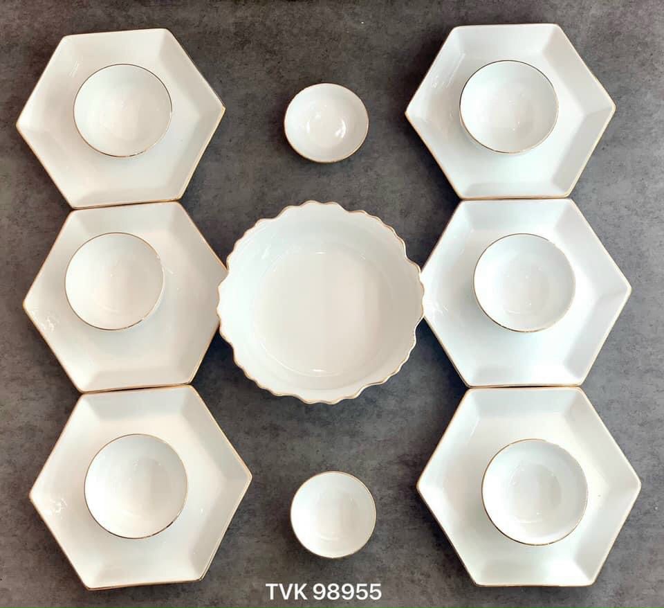 BỘ BÁT ĐĨA MEN TRẮNG VẼ VIỀN VÀNG KIM VỚI THIẾT HIỆN ĐẠI GỒM 15 MÓN.