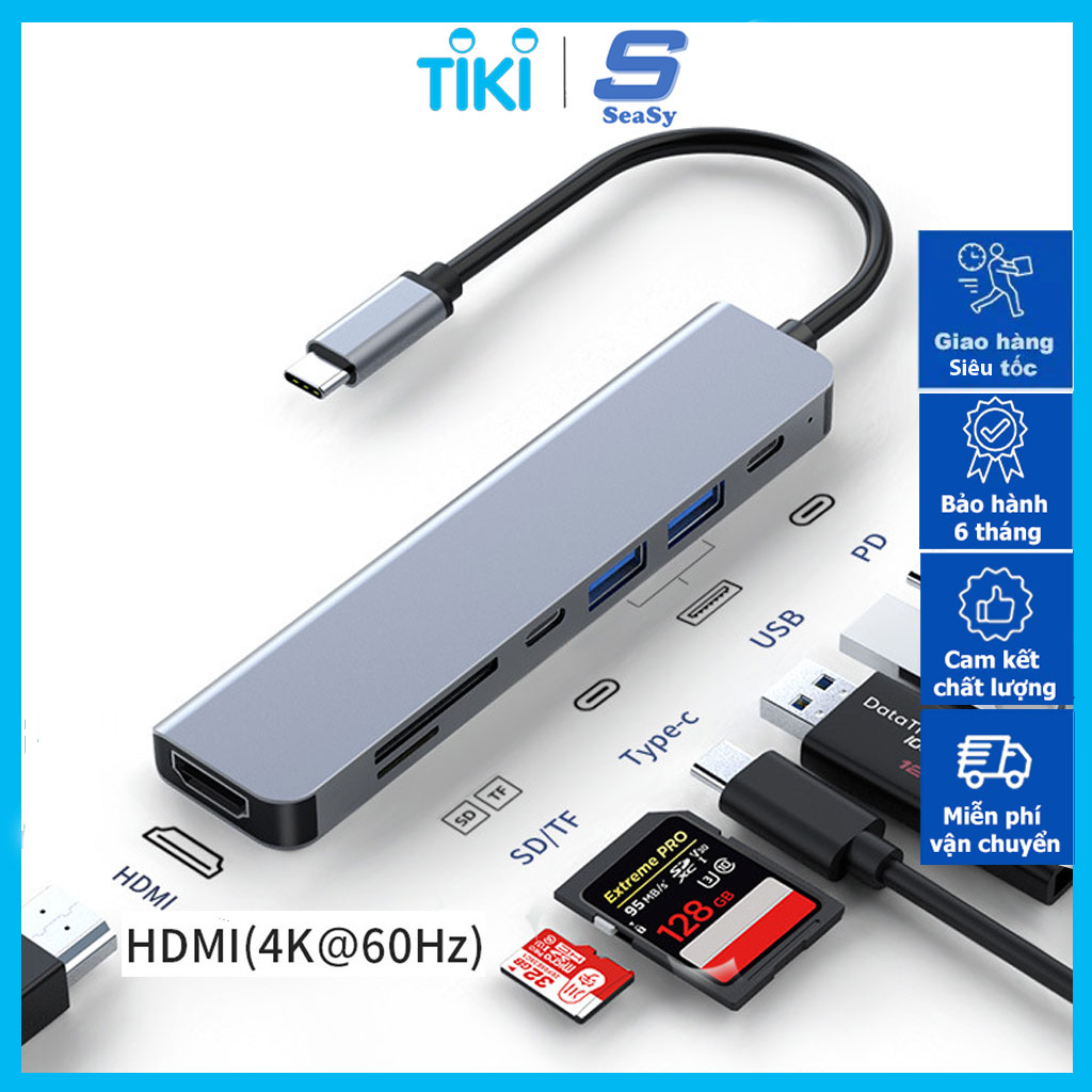 Hình ảnh Hub Chuyển Đổi USB TypeC Ra Cổng HDMI / VGA / LAN Rj45 / USB / PD/SD/TF SeaSy, Cổng Chuyển Đổi TypeC Ra HDMI 4K, Cổng VGA 1080 P, Cổng Lan Rj45, Cổng USB 3.0, Cổng Sạc PD 100W, Cổng SD/TF, Dùng Cho Macbook/Ipad/Surface/Laptop/Điện Thoại – Hàng Chính Hãng