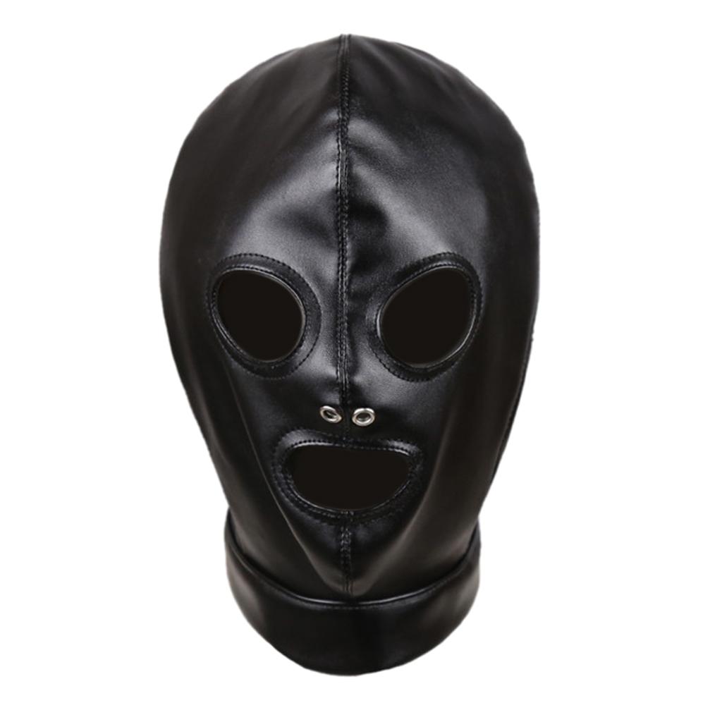 Unisex Adult Black Faux Leather Hood Mask Lace Up Full Head Face Cover Toys