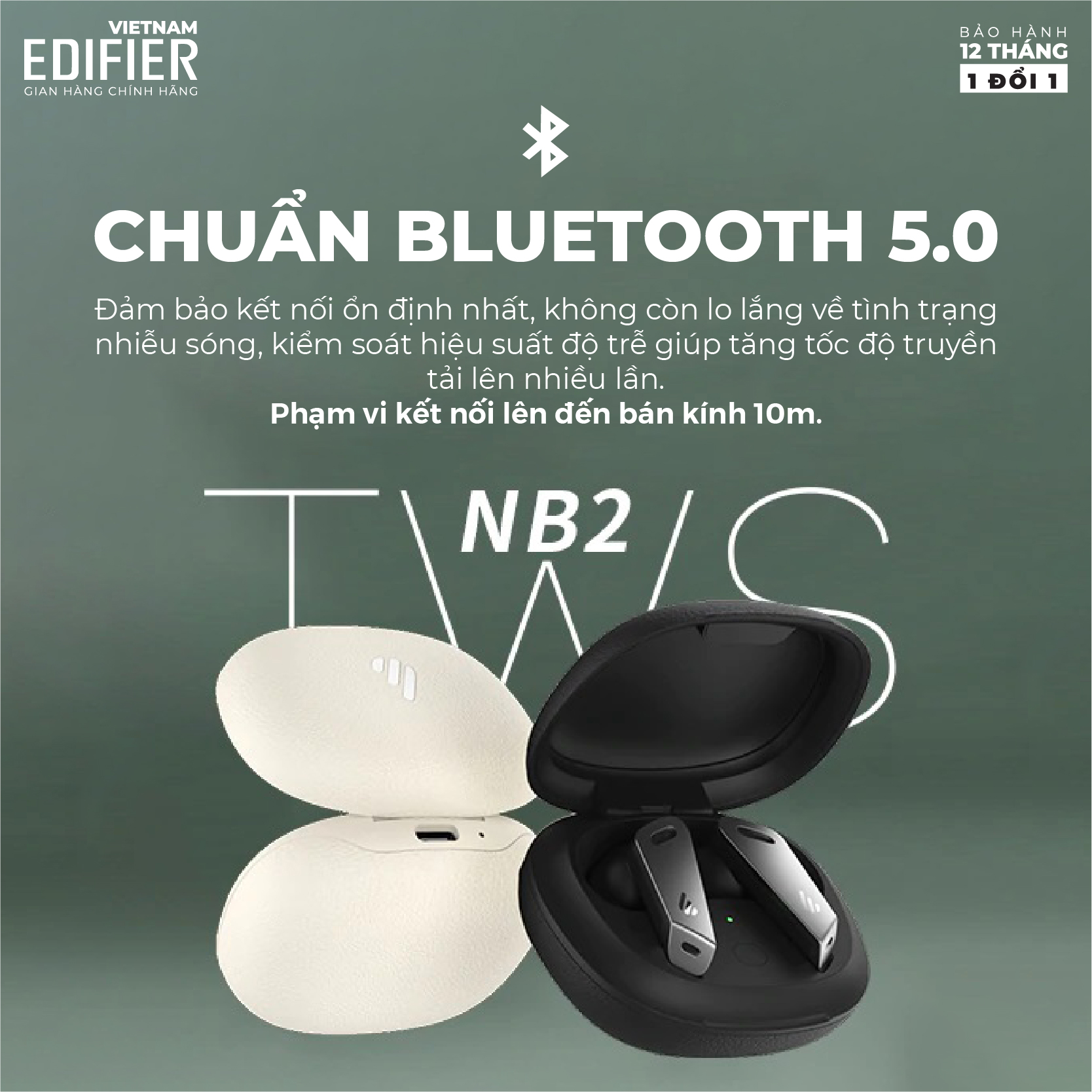 Tai nghe Bluetooth 5.0 EDIFIER TWS NB2 Âm thanh Stereo Chống nước IPX5 Có app điều chỉnh - Hàng chính hãng