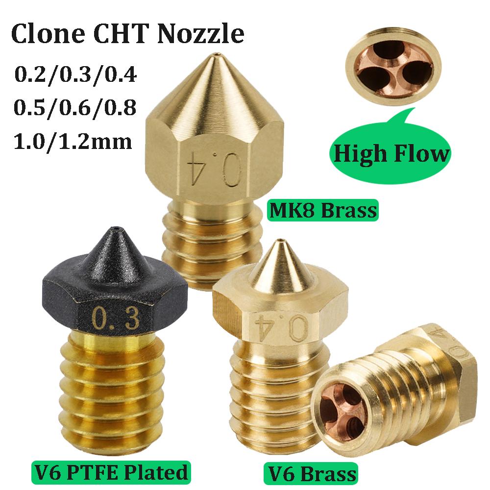 Chất lượng hàng đầu 2PCS CHT V6 MK8 Đồng thau M6 High Flow PTFE mạ E3D V6 Clone Cht Vòi phun 3D Phần
