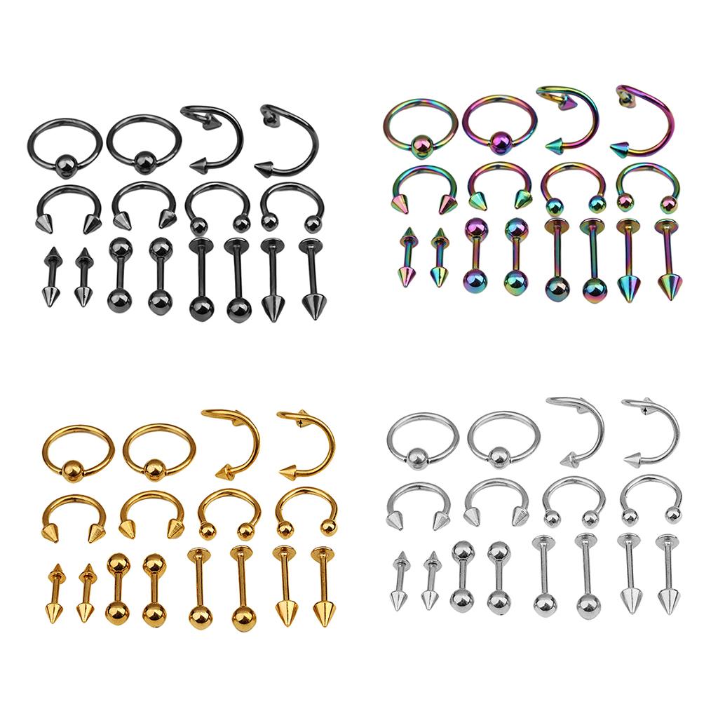 16/Pack Stainless Steel Ear Studs Labret Lip Rings Nose Tongue