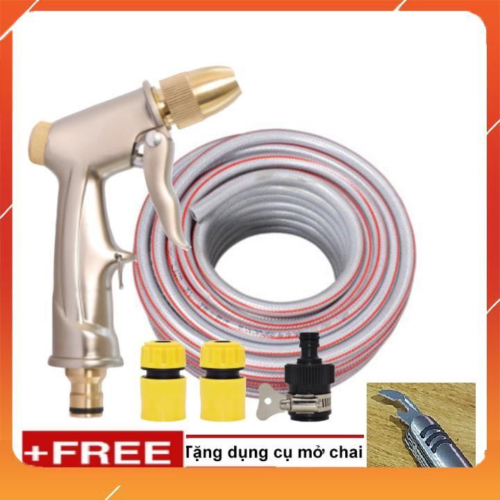 Bộ dây vòi xịt bơm nước tưới rửa , tăng áp 3 lần, loại 20m 206701-1 đầu đồng,cút,nối nhựa đen + mở chai