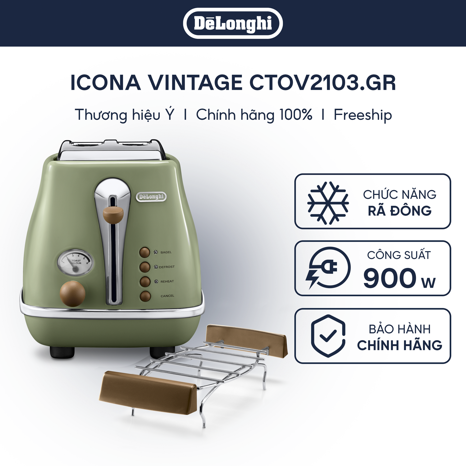[Hàng chính hãng] Máy nướng bánh mì DeLonghi Icona Vintage CTOV2103 (BG/ GR)