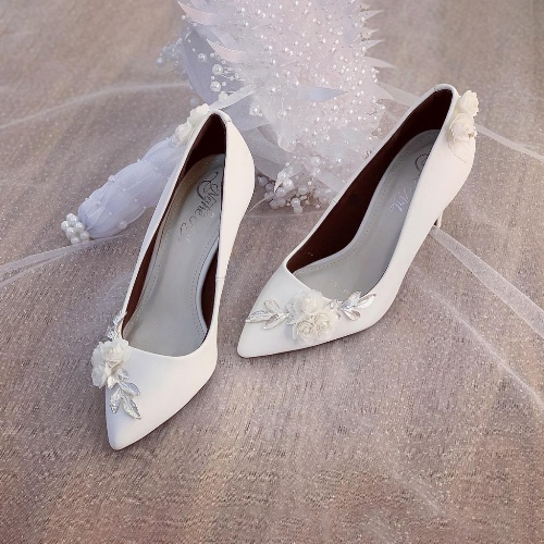 Giày cưới Nghé Art cao gót đính hoá lụa trắng 224