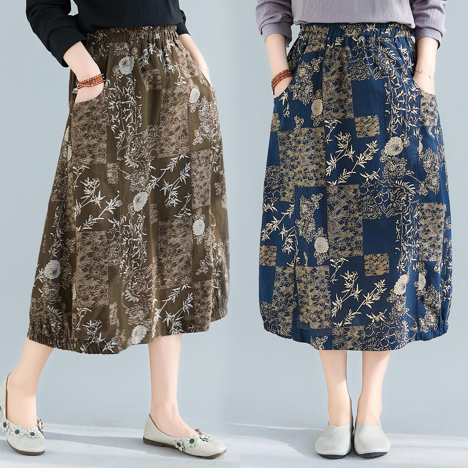 Women Vintage Skirt Linen Fabric Elastic Waist Pockets Loose Fit Midi Skirt Plus Size Casual Dress