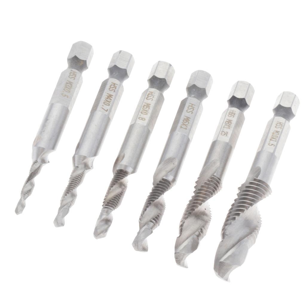 Set of 6 HSS Steel Combination Drill and Tap Bit Set with 1/4 inch Hex Shank - Metric M3 M4 M5 M6 M7 M8 M10