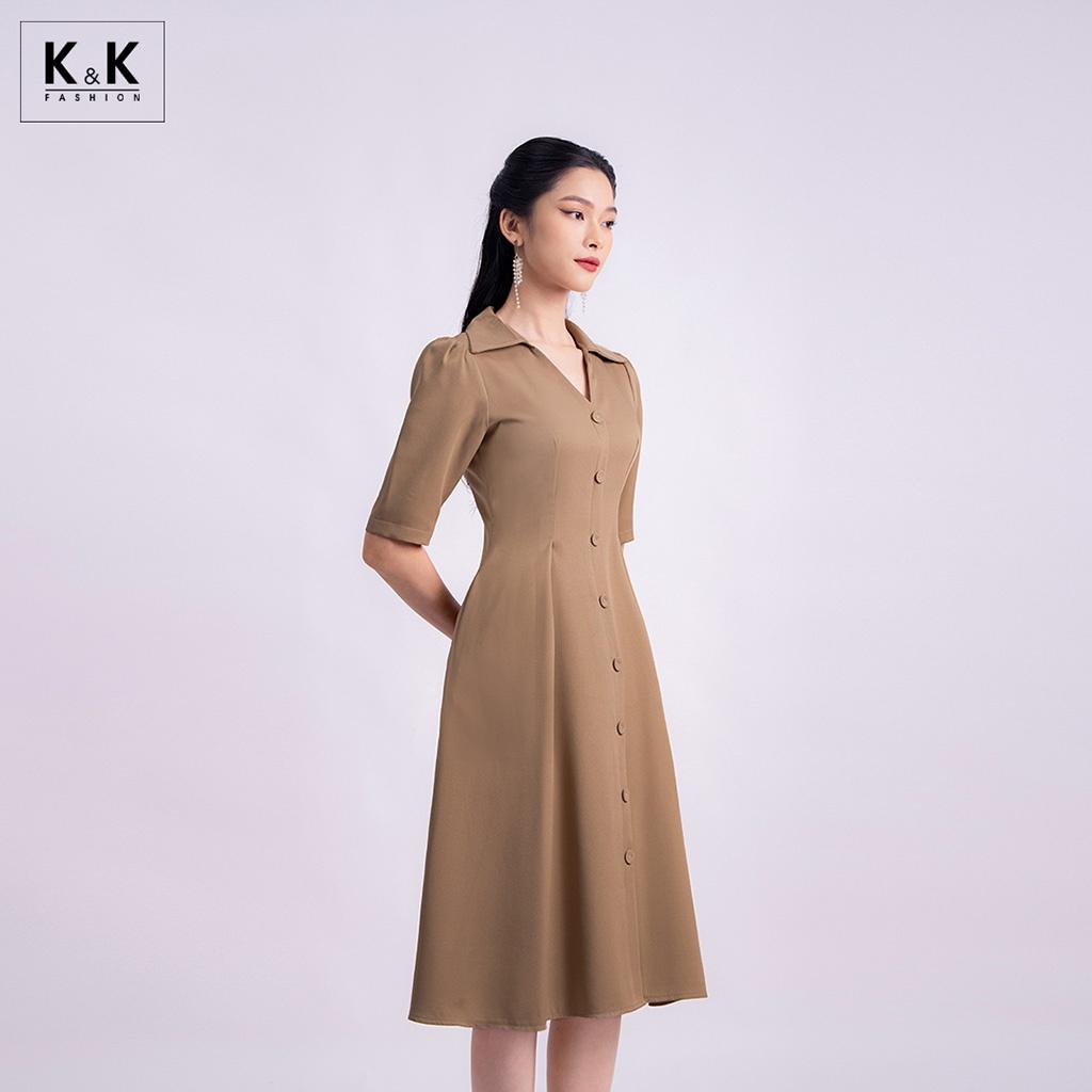 Đầm Xòe Công Sở Tay Lỡ Cổ Sơ Mi K&amp;K Fashion KK119-15 Chất Liệu Kalan