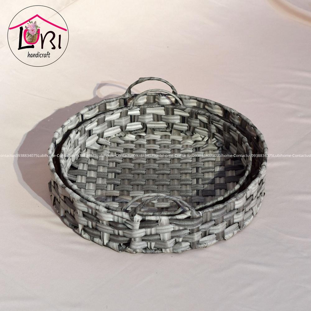 Lubihandicraft - Khay tròn đựng đồ đan dây nhựa xám trắng - xinh xắn