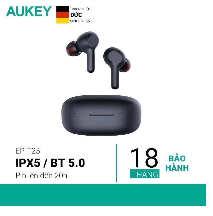 Tai nghe Bluetooth True Wireless Aukey EP-T25 - Bluetooth 5.0 - Pin Tới 25H - Chống Nước IPX5 -  Nghe Độc Lập 2 Tai - Hàng Chính Hãng