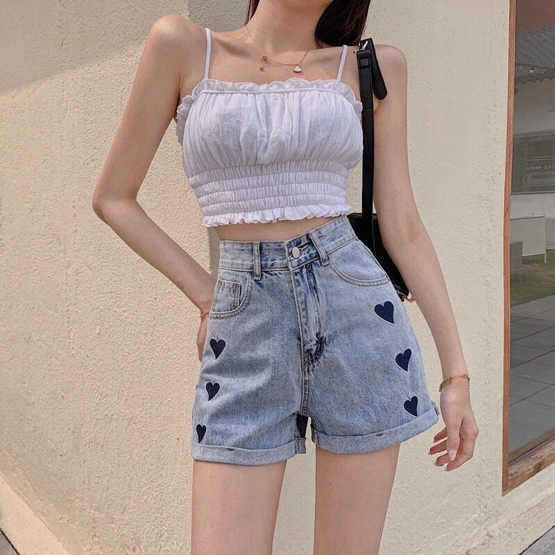 Quần sóc jeans nữ in hình trái tim mã mới 2022 hàng Quảng Châu mã 720