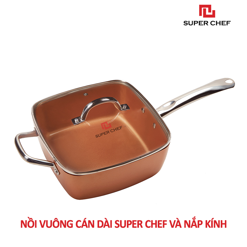 Nồi Chống Dính Ceramic Vuông  Cán Dài Super Chef Cao Cấp Siêu Bền Bỉ Không Bong Tróc, Chống Ăn Mòn, Đảm Bảo An Toàn Sức Khỏe Kèm Nắp Kính ( Size 20, 24cm)