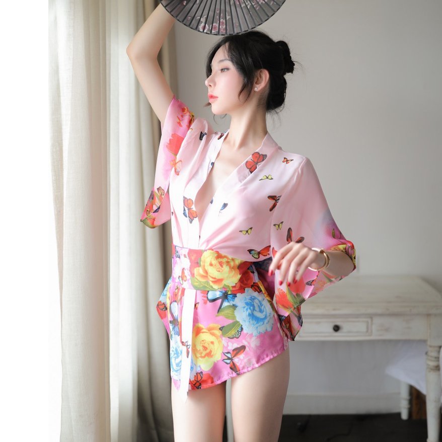 Áo choàng tắm Pyjama voan hoa ngắn tay gợi cảm