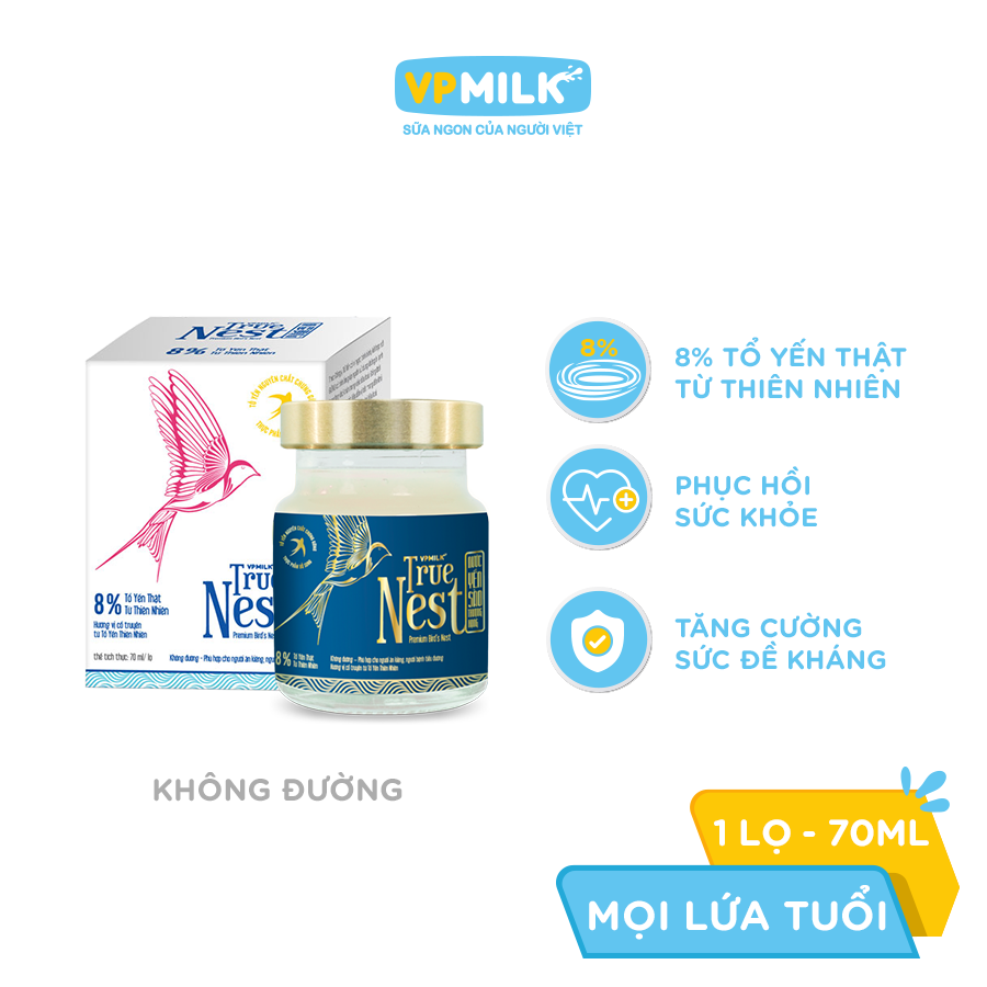 Tổ Yến Nguyên Chất Chưng Gừng VPMilk True Nest - Không Đường (hộp 1 lọ x 70 ml)