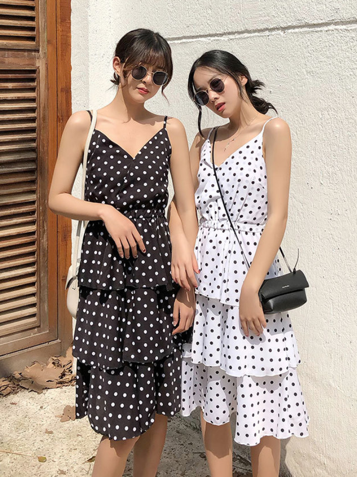 Đầm Hai Dây Chấm Bi Kiểu Ba Tầng MAY_DN054