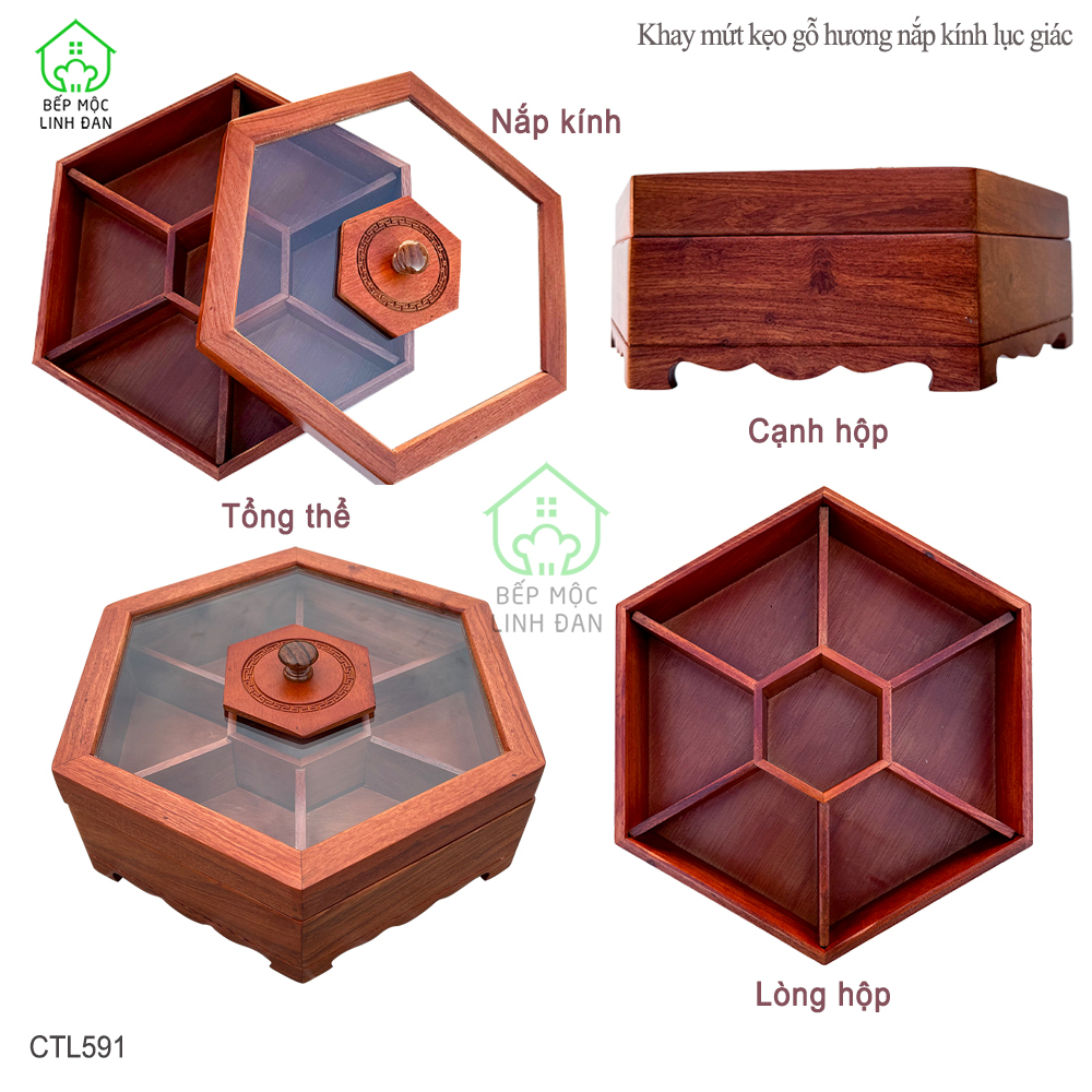 Khay gỗ Hương đựng bánh kẹo, mứt tết - Nắp kính hình lục giác, mẫu mới nhất - CTL591
