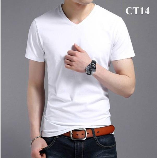 Áo thun trơn nam cổ tim ngắn tay chất cotton thun lạnh dáng body thời trang