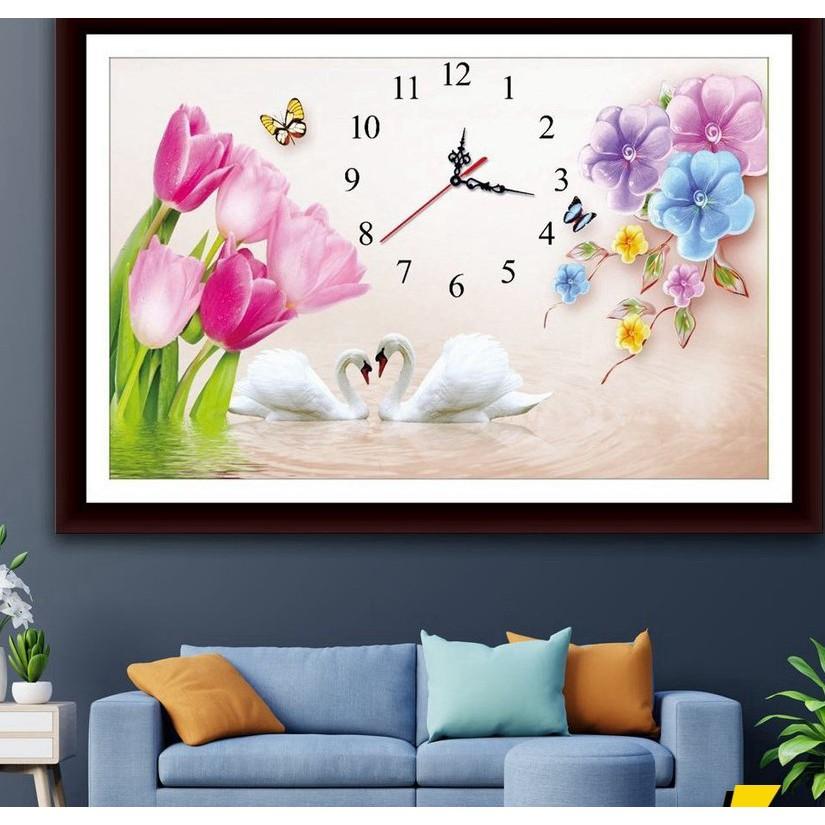 Tranh đá đồng hồ thiên nga hoa tulip VS066 - kích thước: 75 * 50cm.