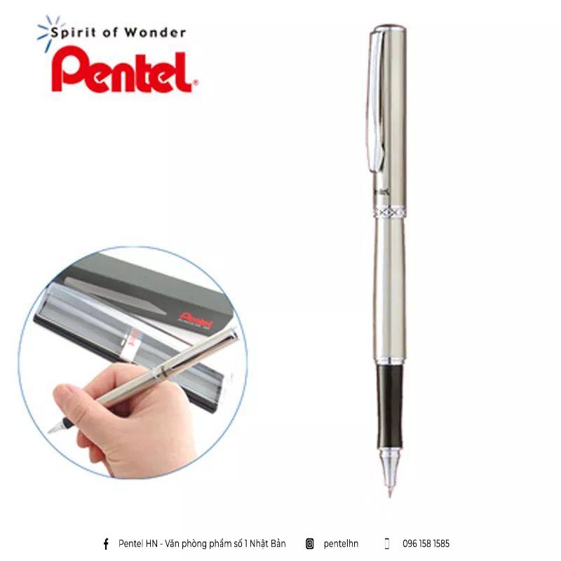 Bút Ký Cao Cấp Pentel K600 Ngòi 0.7mm Mực Xanh | Vò Màu Bạc Thanh Lịch