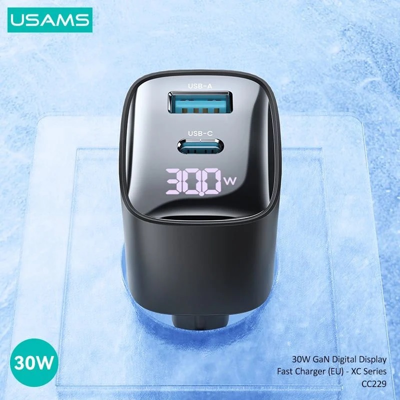 Củ sạc nhanh USAMS CC229 tích hợp 2 Cổng A+C 30W GaN Digital Display Fast Charger- Hàng Chính Hãng