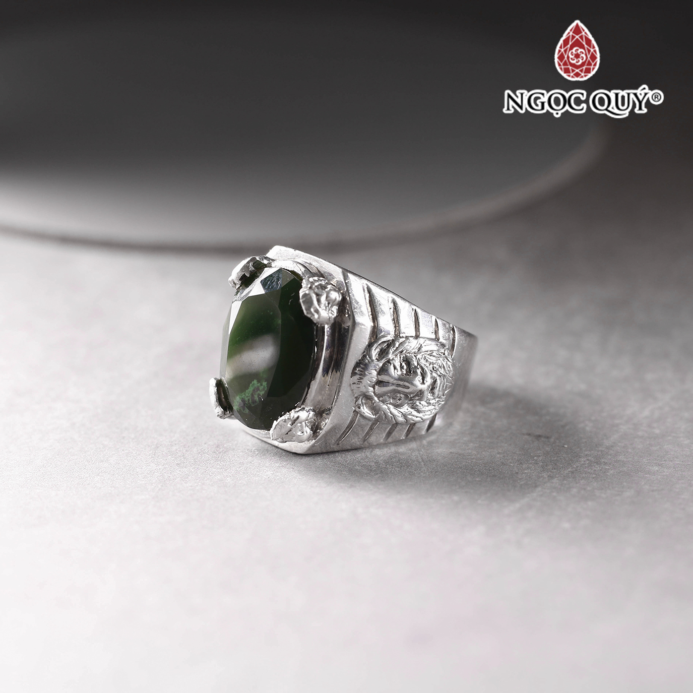 Nhẫn bạc nam mặt đá Ngọc bích 13x18mm Ni19 mệnh hỏa , mộc - Ngọc Quý Gemstones