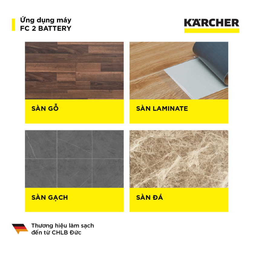Máy lau sàn không dây Karcher FC 2 Battery - Hỗ trợ vệ sinh các bề mặt trên sàn với diện tích lên đến 70m2- Hàng Chính Hãng