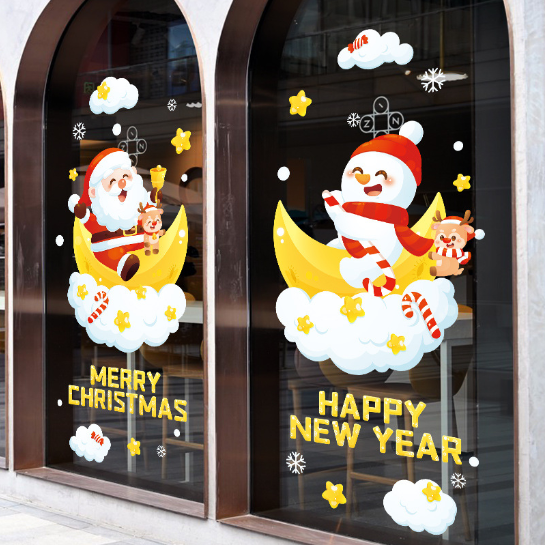 Decal trang trí Noel - Người tuyết và ông già Noel cưỡi mây