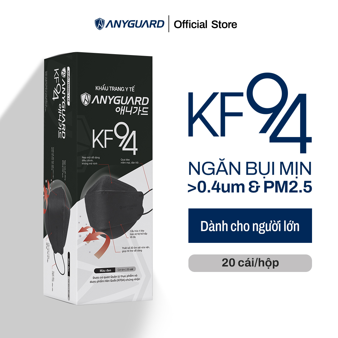 Khẩu Trang Y Tế Hàn Quốc KF94 Chính Hãng ANYGUARD, Lọc Bụi Mịn lên tới PM 2.5, 4 Lớp Ngăn 99% Vi Khuẩn, An Toàn Cho Da Nhạy Cảm (Hộp 20 Chiếc), Dành Cho Người Lớn