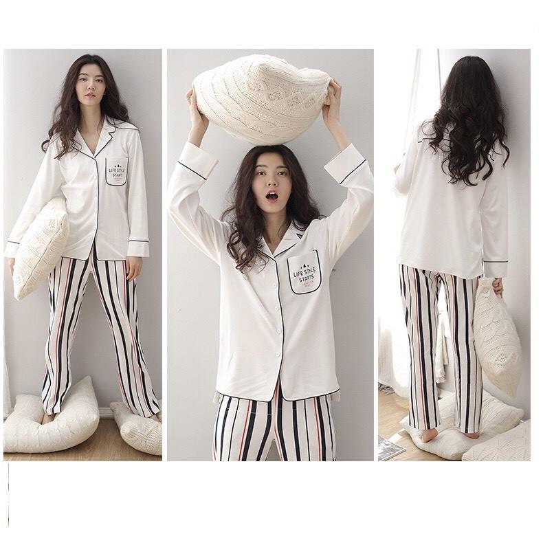 Bộ pyjama nữ vải thun cotton áo trắng Life style họa tiết kẻ sọc