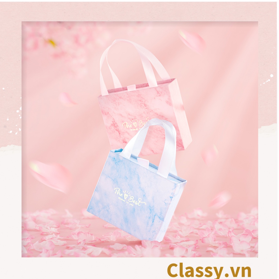 Hộp giấy cứng đựng quà tặng in chữ THE BEST có quai xách, chất liệu cứng cáp 3 kích thước