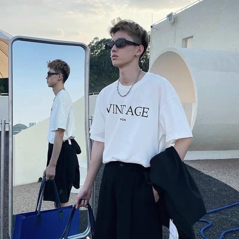 Áo Thun Nam In Chữ VINTAGE đơn giản hai màu đen trắng basic
