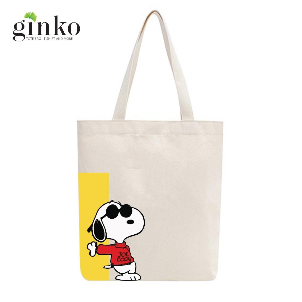 Túi tote vải mộc GINKO Basic có dây kéo khóa miệng túi( có túi con bên trong) đựng vừa laptop 14 inch và nhiều đồ dùng khác in hình Snoopy and Friends M104