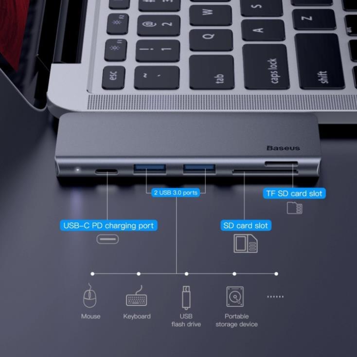 Bộ chuyển đổi 5 trong 1 dành cho laptop Baseus CAHUB-K0G công suất 60W - hàng chính hãng