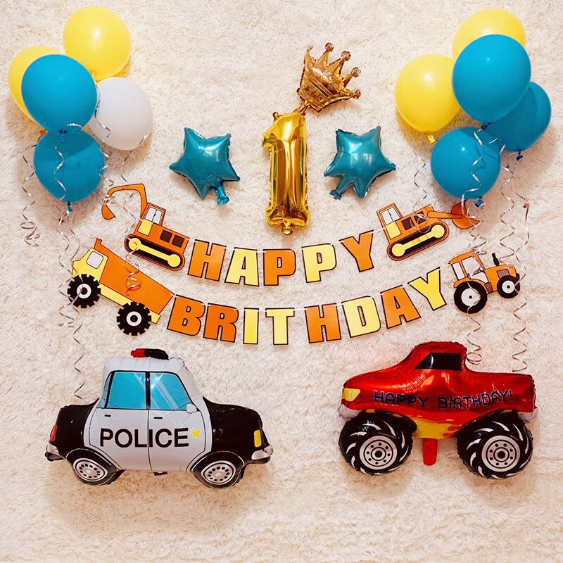 Set bong bóng thôi nôi bé trai chủ đề xe 1 year birthday set Tnoi15