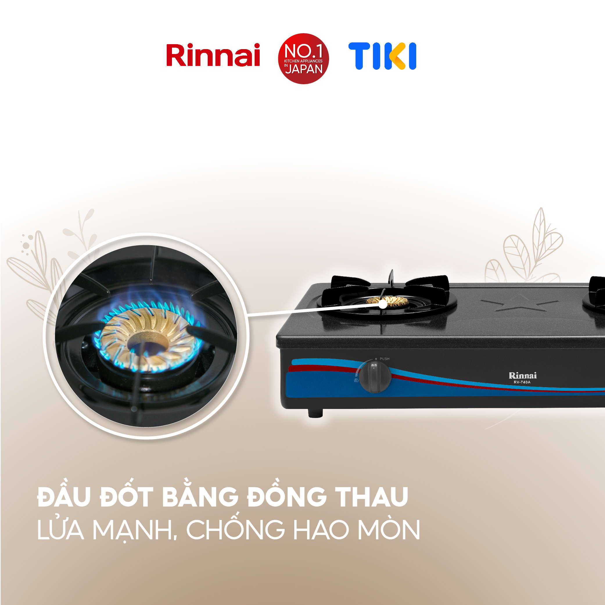 Bếp gas dương Rinnai RV-740A(GF) mặt bếp men và kiềng bếp men - Hàng chính hãng