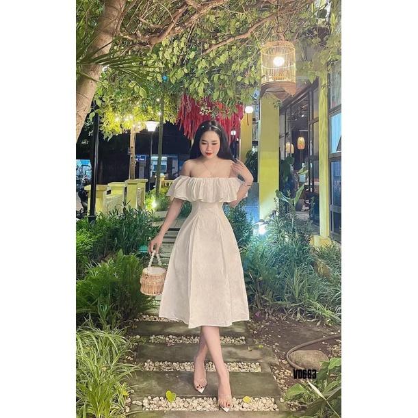 Đầm nữ trễ vai dáng xòe xếp ly, 3 màu sắc sang chảnh, xinh xắn