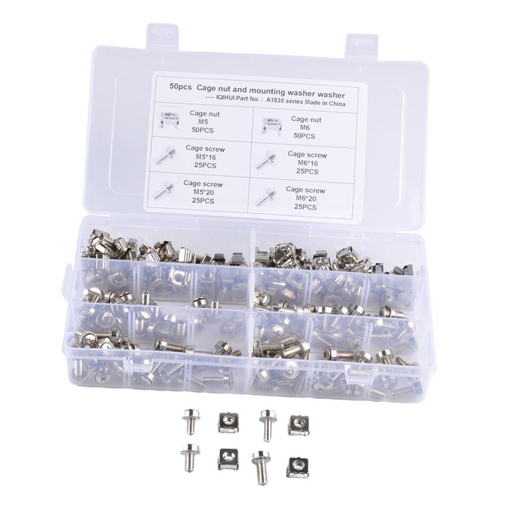 100 Pack Lot - M5*16 M5*20 M6*16 M6*20 Rack Mount Cage Nut & Screw w/ Washer