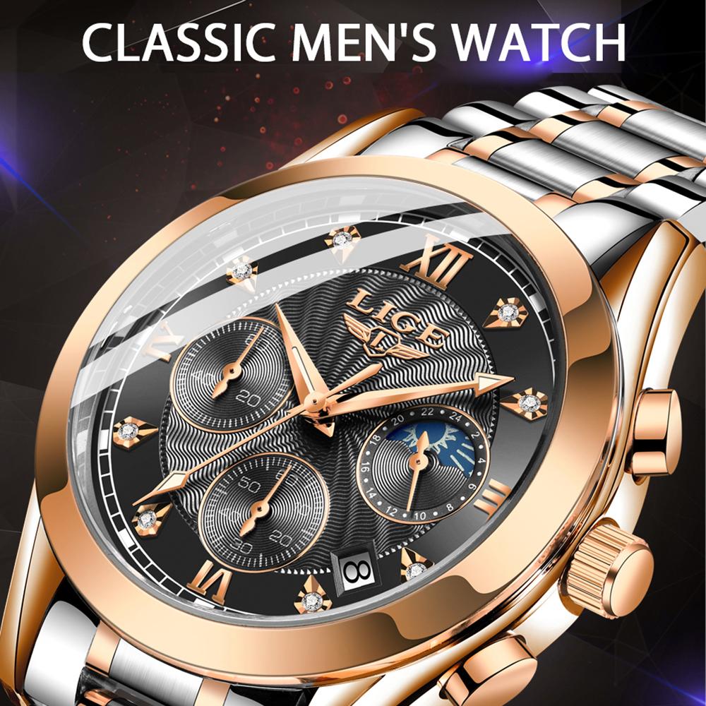 Đồng hồ nam thạch anh LIGE tinh tế hiển thị thời gian và lịch Chronograph Con trỏ dạ quang 30M Chống thấm nước - Bạc & Xanh lam - Dây da