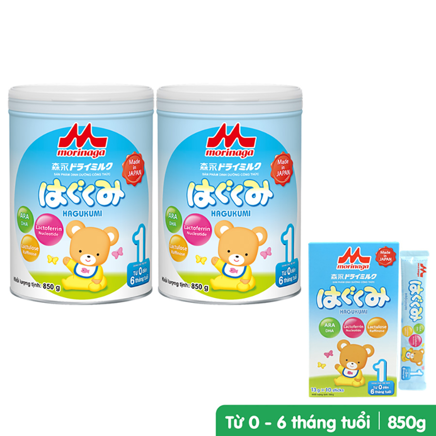 Combo 2 lon Sữa Morinaga số 1 (Hagukumi) 850g + 1 Hộp sữa Morinaga số 1 (Hakubaku) 130gr (0 - 6 tháng)