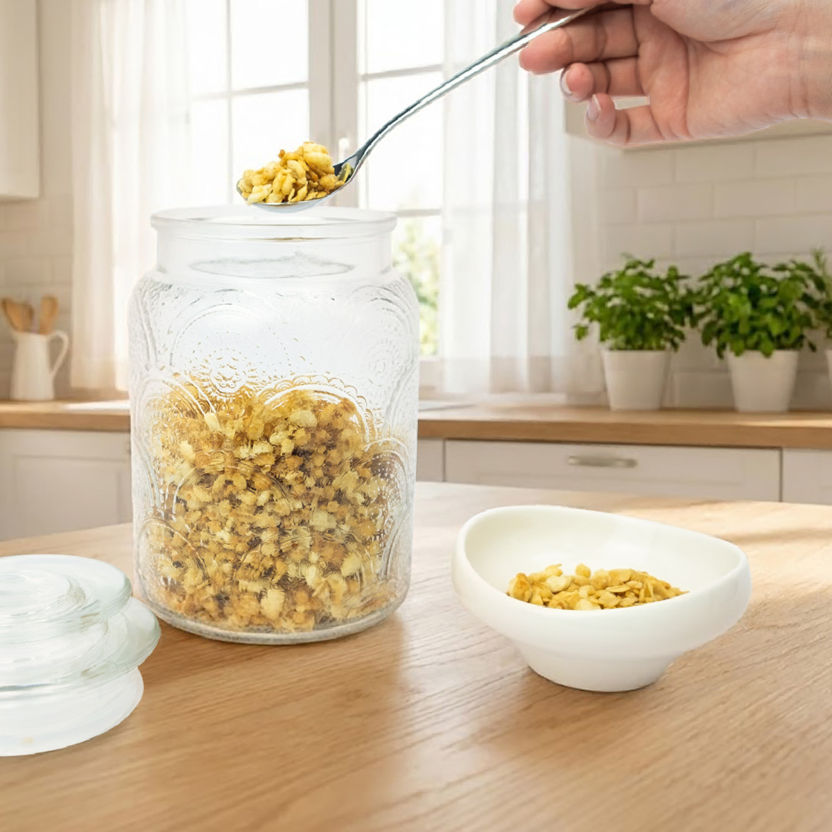 Bộ 3 Hũ Thủy Tinh Đựng Thực Phẩm Lebenlang LBL1210, Nắp Kín, Hoa Văn, Dung Tích 1L, 1.3L, 1.5L - hàng chính hãng