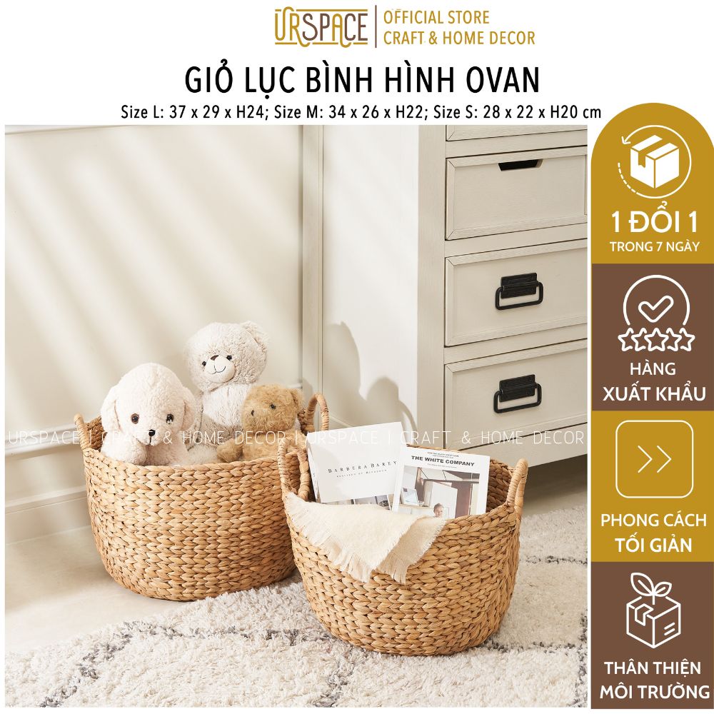 Giỏ lục bình đan đựng đồ URSPACE hình ovan có quai cầm đựng sách báo đồ chơi/ HYACINTH STORAGE CURVED BASKET