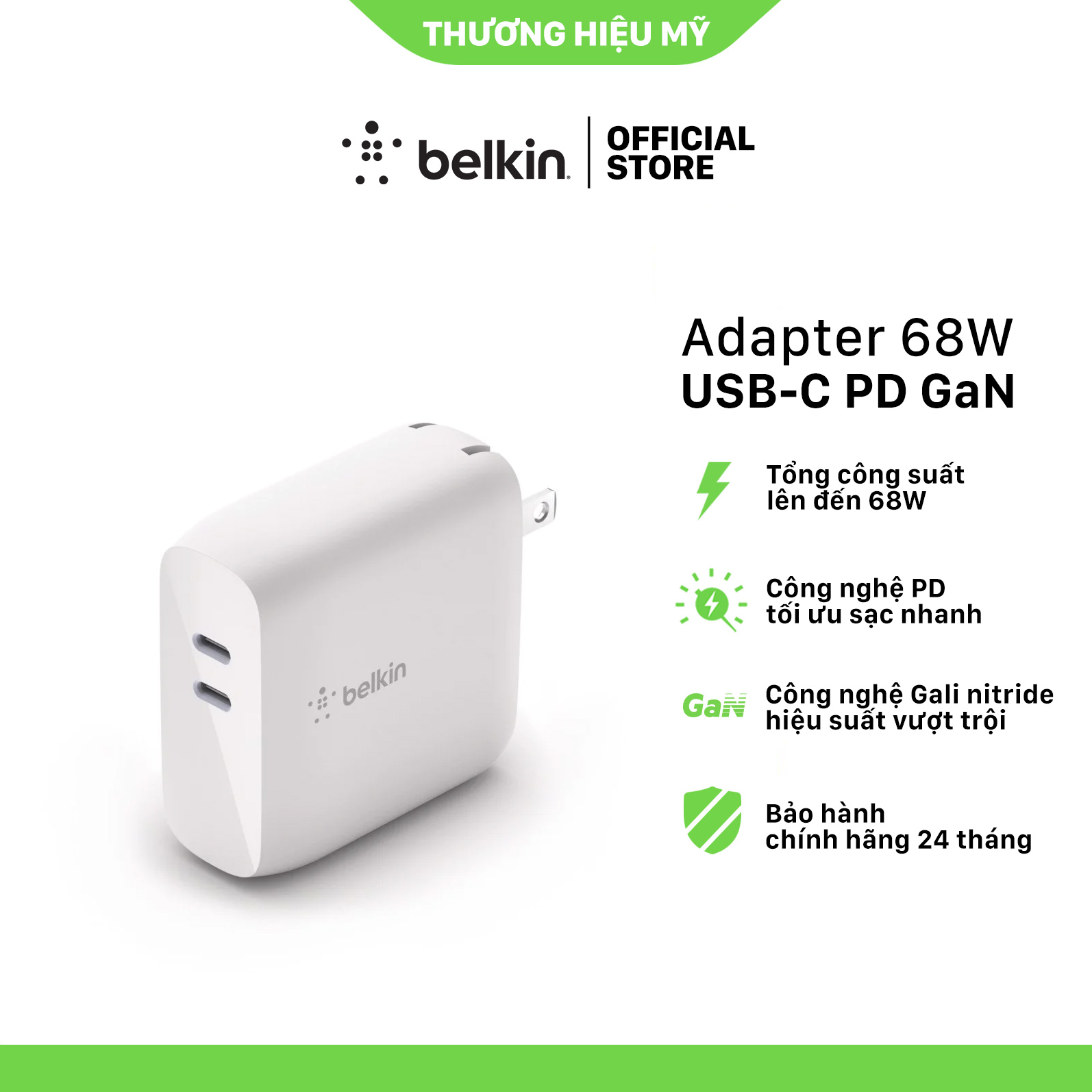 Adapter sạc nhanh BOOST↑CHARGE PRO Belkin 68W USB-C PD GaN (1 PD 50W + 1 PD 18W) - WCH003dqWH - Hàng Chính Hãng