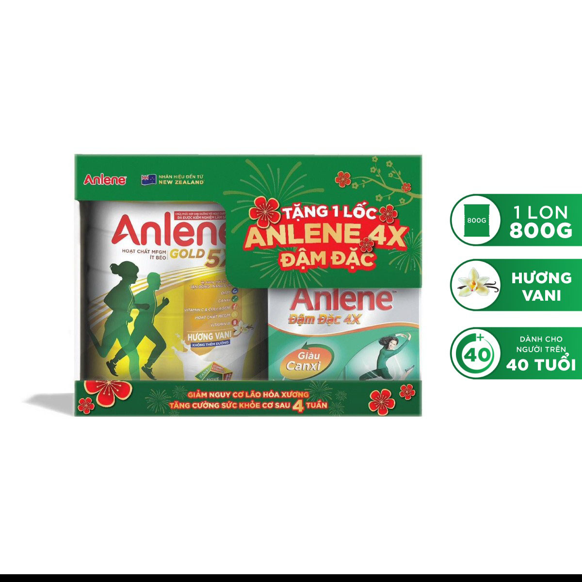 [Bộ quà tặng Tết] Sữa bột Anlene Gold 5X 800g - Tặng 4 hộp Anlene nước 125ml