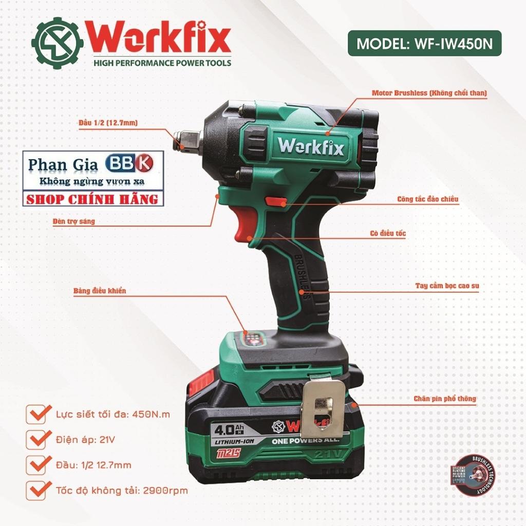Máy Siết Bulong Pin 21V WORKFIX Pin 10 Cell - Lực Siết 450Nm 100% Lõi Đồng Động Cơ Không Chổi Than (Bảo Hành 1 Năm)