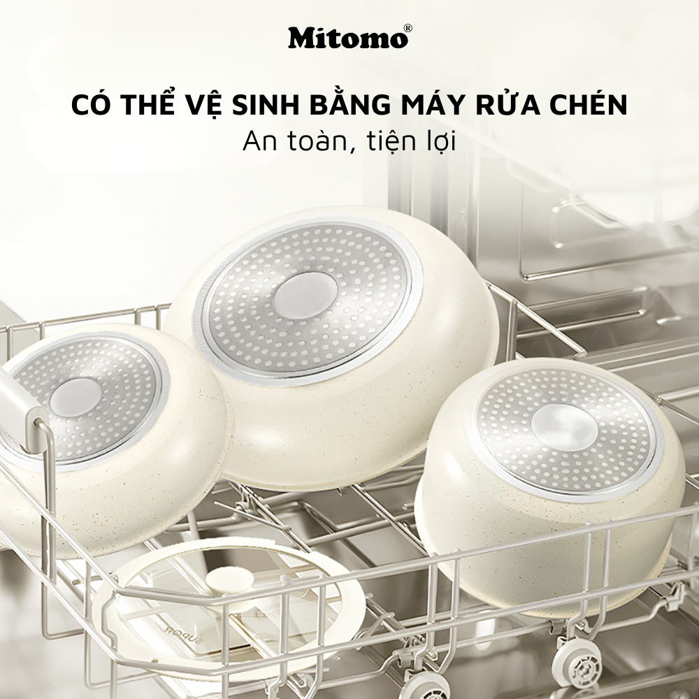 Bộ nồi chảo đá gốm Mitomo chống dính cao cấp 5 món có tay cầm tháo rời, dùng cho mọi loại bếp - Hàng chính hãng