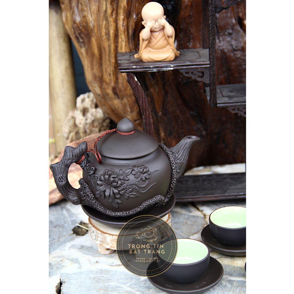 Bộ Ấm Chén Trà Đạo Gốm Tử Sa Bát Tràng Đắp Nổi Hoa Phù Dung Dáng Thủy Bình Dung Tích 400ml ATSML 02.2