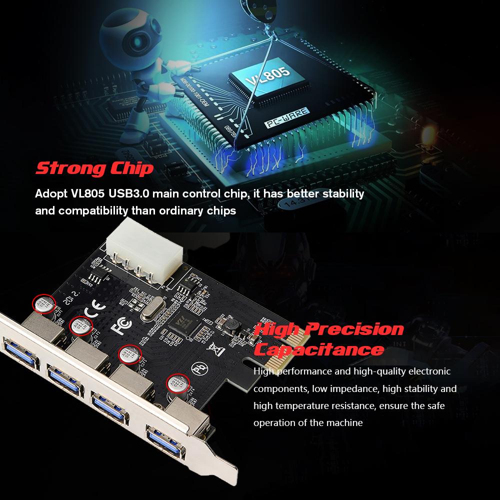 Thẻ mở rộng cổng PCI-E sang 4 cổng USB3.0 với giao diện nguồn 4Pin lớn cho máy tính để bàn